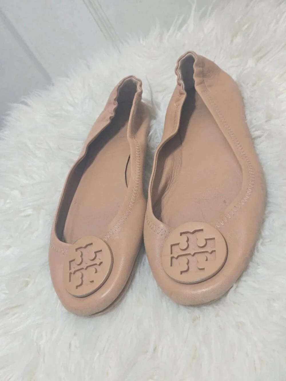TORY BURCH Logo Minnie Travel Ballet Flat Logo - Nude - Size 7.5